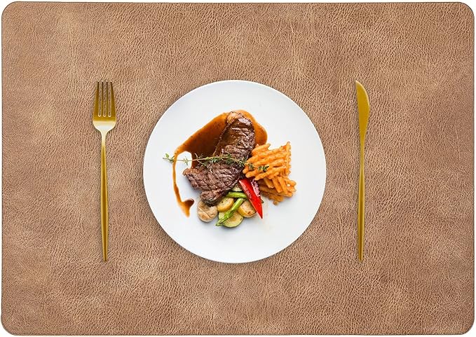 ICEDOG 12"x17" Waterproof PU Placemats - Faux Leather Heat-Resistant & Reversible Table Mats | Oil-Proof, Non-Slip for Kitchen, Dining, Outdoor BBQ (6, Camel)