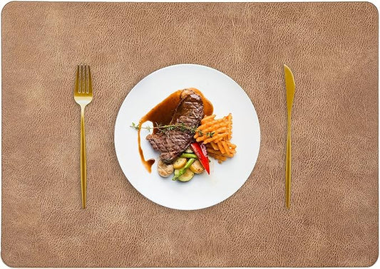 ICEDOG 12"x17" Waterproof PU Placemats - Faux Leather Heat-Resistant & Reversible Table Mats | Oil-Proof, Non-Slip for Kitchen, Dining, Outdoor BBQ (6, Camel)