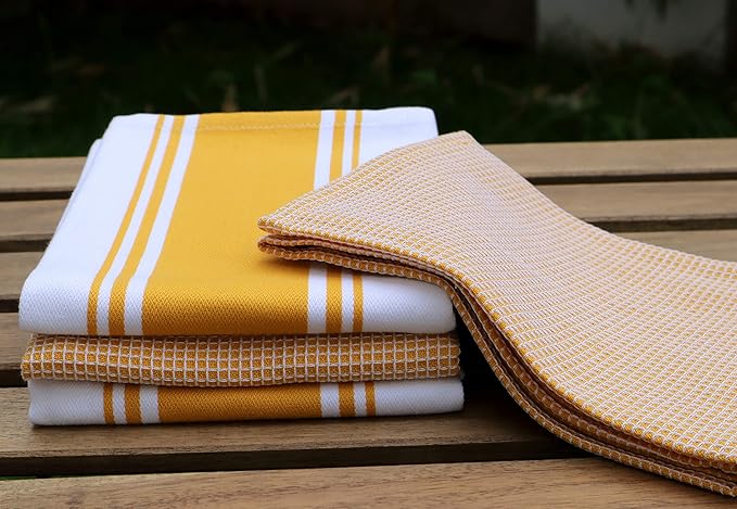 AMOUR INFINI Cotton Kitchen Towels - Set of 4 Highly Absorbent, Ultra Soft Waffle Weave Tea Towel with Hanging Loop - 20x28 Inch Quick Drying Dish Cloths for Cleaning (Yellow)