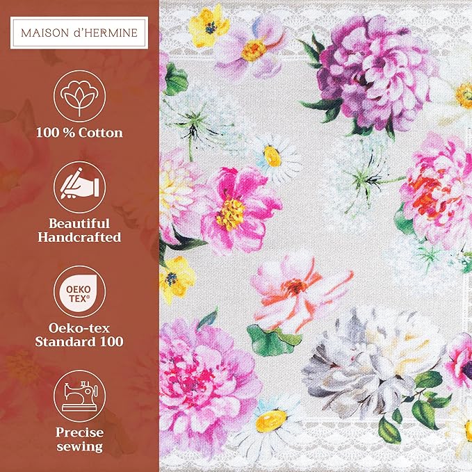 Maison d' Hermine Placemats Set of 4 100% Cotton Washable Cloth Place Mats, Reusable Table Mats for Kitchen Dining Decoration, Party, Wedding, Restaurant Spring/Summer (Pivoine, 13" x 19")