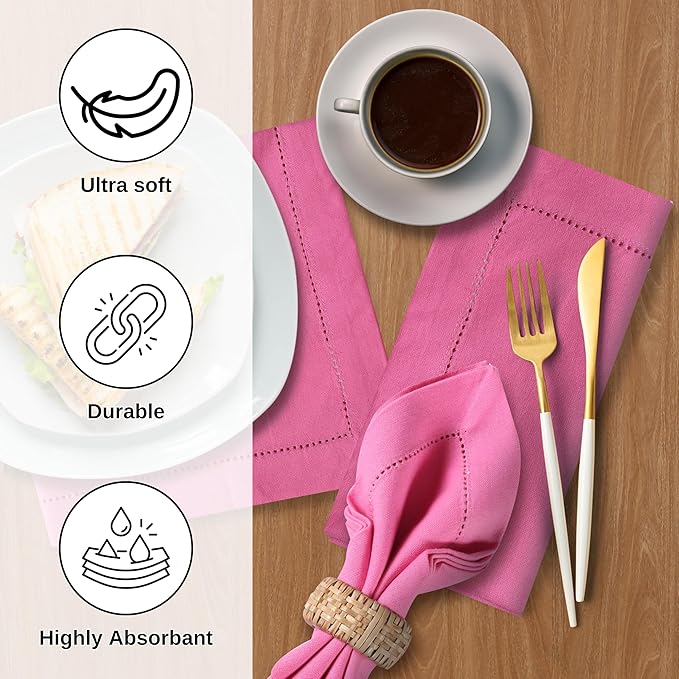 Bedding Craft Cotton Cloth Napkins Set of 12 – 18x18 Wild Orchid Design Hemstitched – Machine Washable Dinner Napkins for Weddings, Thanksgiving, Christmas & Daily Dining