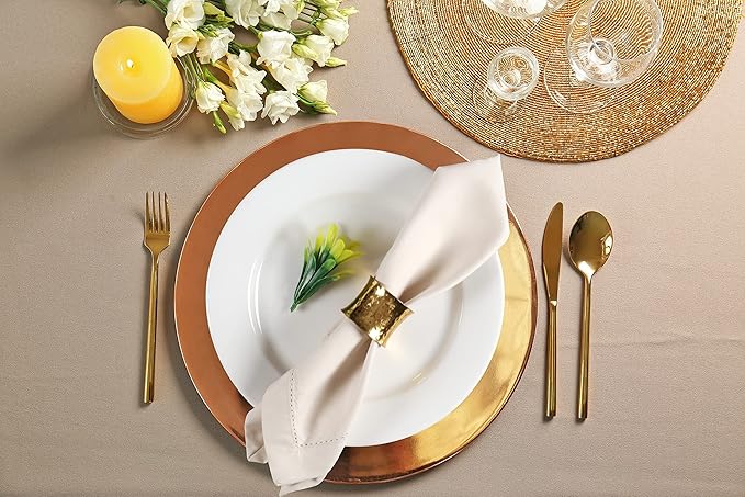 Ramanta Home Set of 12 Polyester Cloth Napkins 20x20 Inches - Hemstitched Washable Dinner Napkins for Weddings, Thanksgiving, Hotel - Soft Durable Table Linen for Parties or Everyday Use - Beige