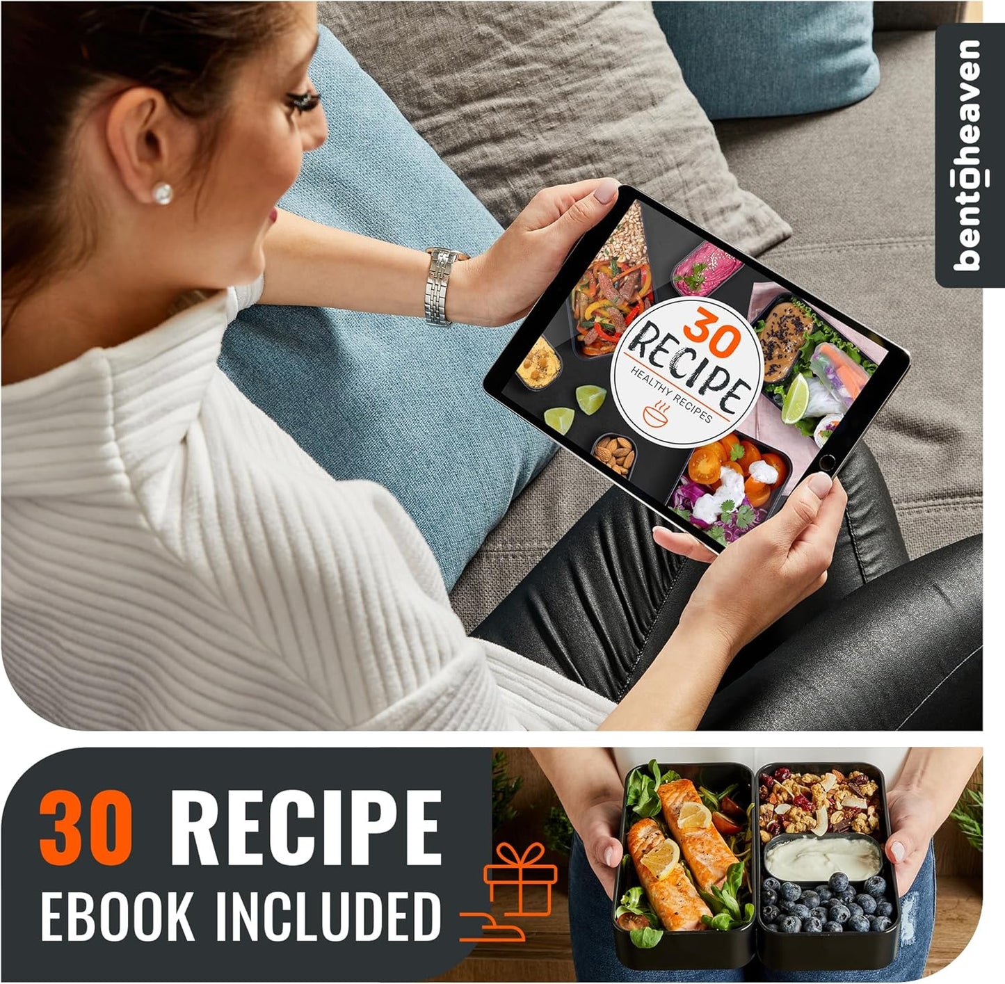 Bentoheaven Premium Bento Box Adult Lunch Box with Compartments for Women & Men, Set of Utensil & Chopsticks & Dip Container, Cute Japanese Kids Bento Lunch Box, Microwavable (Symph Onyx)