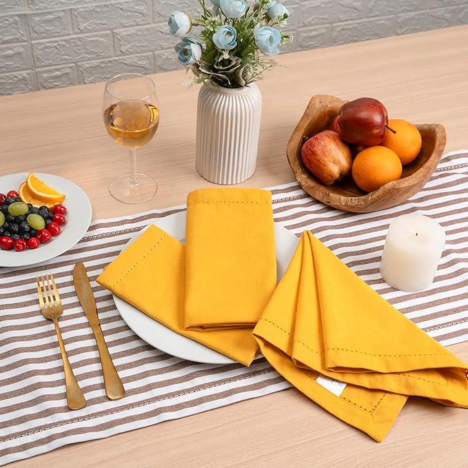 Blue Needles Set of 12 Hemstitch Linen Napkins 100% Cotton Golden Yellow Cloth Dinner Napkins 18x18 inches, Soft Reusable Absorbent Washable, Ideal for Fall Thanksgiving Events, Parties & Everyday Use