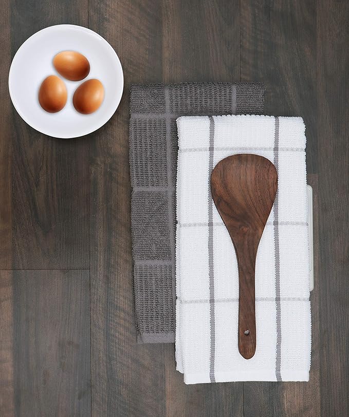 AMOUR INFINI Kitchen Towels Pack of 4 Absorbent, Quick Drying Premium Terry Cotton Dish Towel with Hanging Loop 16x28 Inch Hand & Tea Towels (L.Grey)