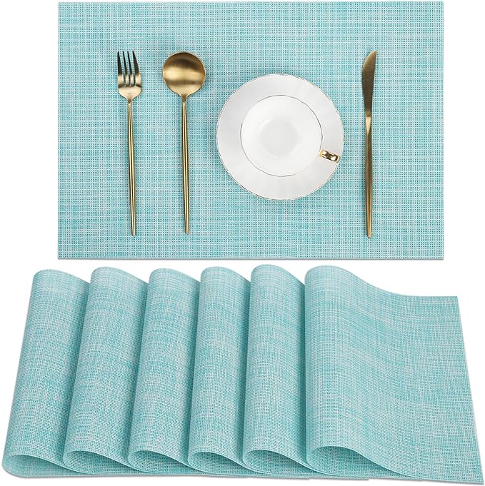 SHACOS Placemats Set of 6 Woven Vinyl Place Mats Wipeable Heat Resistant Washable Table Mats Indoor Outdoor, Blue