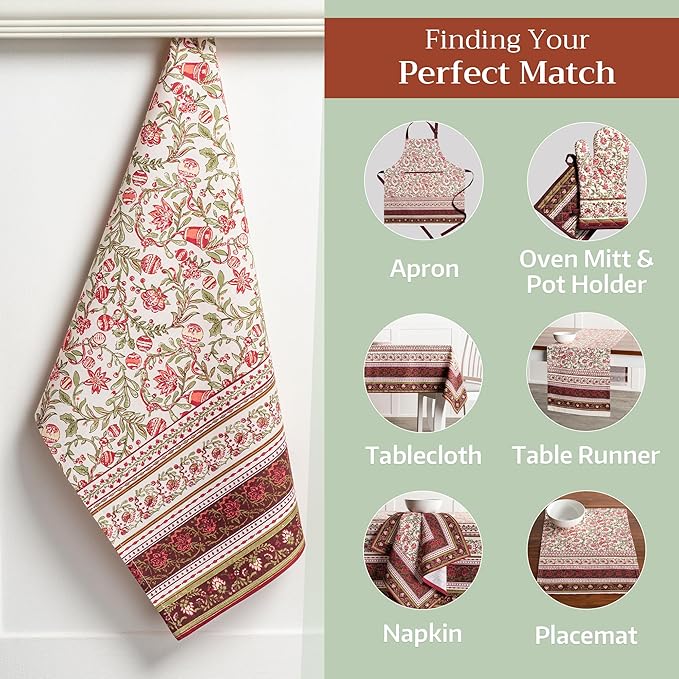 Maison d' Hermine Kitchen Towels Set of 3 100% Cotton 20" x 27.5" Reusable Cloth Tea Dish Towels Absorbent with Hanging Loop for Kitchen Dining Thanksgiving Christmas Decorations (Reveillon Au Jardin)