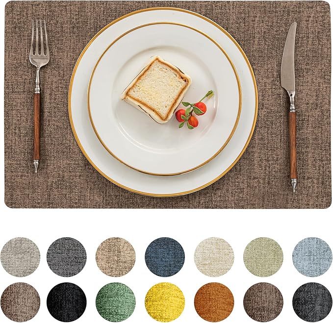 Romanstile Vinyl Placemats Set of 6-12 X 18 Inch - Heat Resistant Place Mats 100% Waterproof Oilproof Wipeable Reversible Faux Leather Table Mats for Kitchen/Dining/Party/Outdoor, Brown