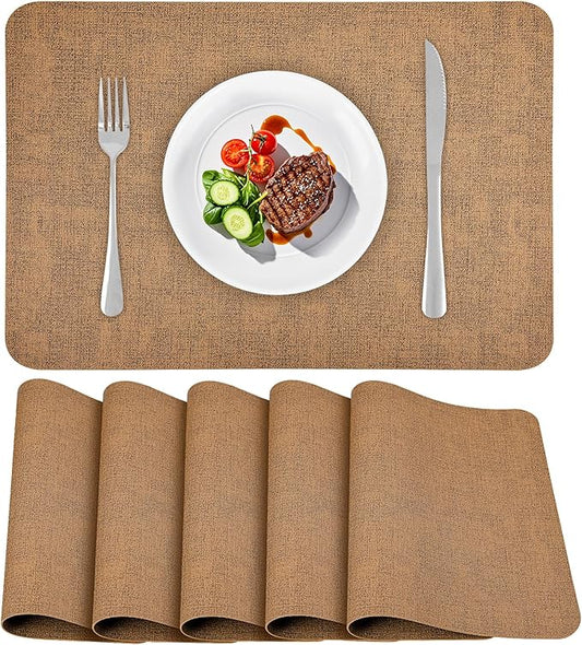 Vinly Placemats Set of 6 - Waterproof Wipeable Faux Leather Table Place Mats Heat Resistant Anti Slip Table Mats for Dining, Indoor, Outdoor, 15.8" x 11.8" (Light Brown)