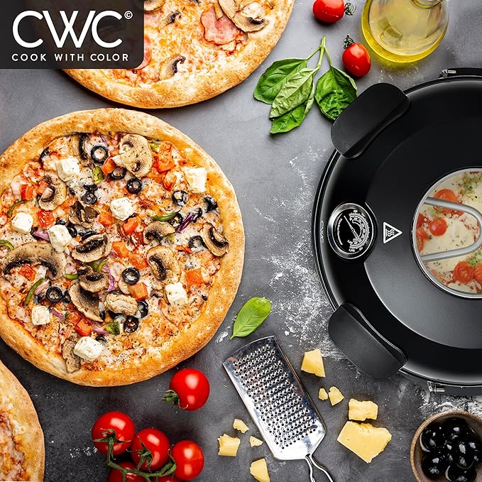 Cook With Color Electric Indoor Pizza Oven – Crispy Crust Countertop Pizza Maker, Heats up to 800˚F, 12 Inch Ceramic Stone, Dual Temperature Control Knobs, Bamboo Peel Included, Black