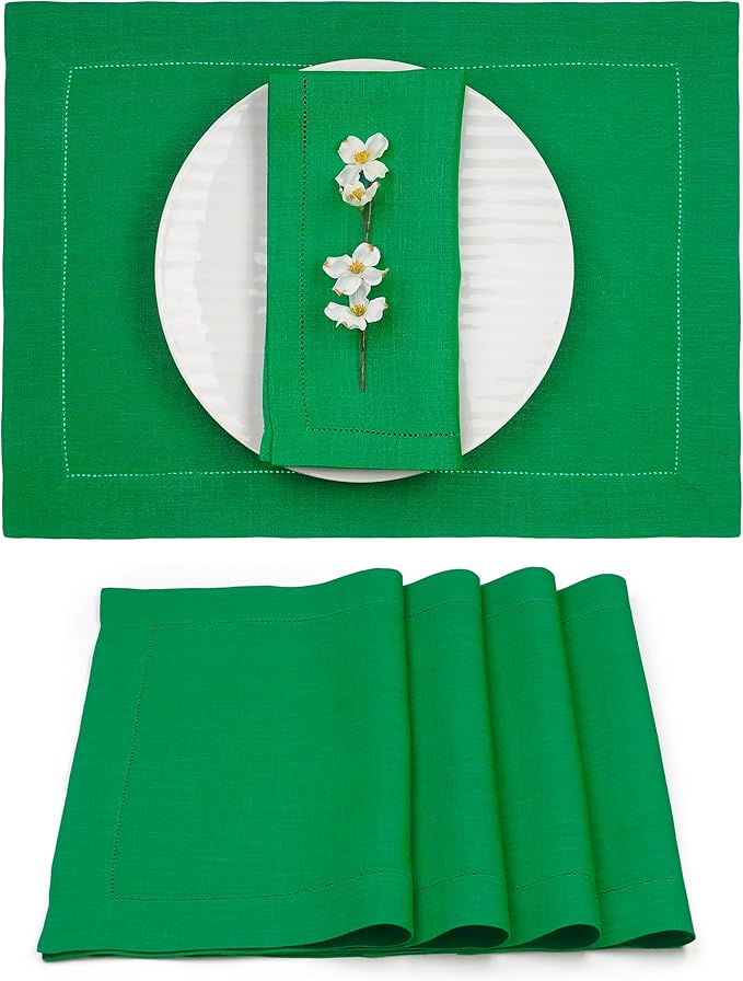 D'Moksha Homes Linen Placemats Set of 4 - Classic Hemstitch Kelly Green Placemats 14 x 19 Inch - 100% Pure Linen Table Mats for Thanksgiving, Christmas, Holiday - Handcrafted and Machine Washable