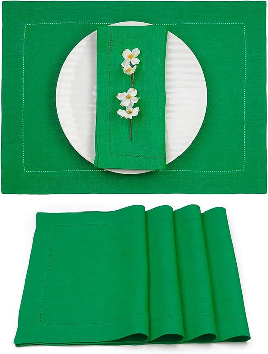 D'Moksha Homes Linen Placemats Set of 4 - Classic Hemstitch Kelly Green Placemats 14 x 19 Inch - 100% Pure Linen Table Mats for Thanksgiving, Christmas, Holiday - Handcrafted and Machine Washable