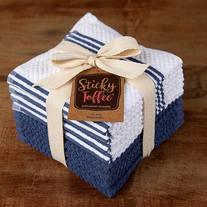Sticky Toffee Cotton Dishcloths Set of 8 – 12x12 in Dark Blue and White Dish Towels, Reusable and Absorbent Tea Towels for Cleaning or Drying, Oeko-Tex Cotton