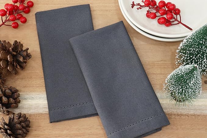 PurpleEssences Set of 12 Hemstitch Cloth Dinner Napkins 100% Cotton - Soft Durable Washable - Ideal for Wedding Christmas Holiday Winter - Perfect Everyday Use Table Linen 18x18 - Dark Gray