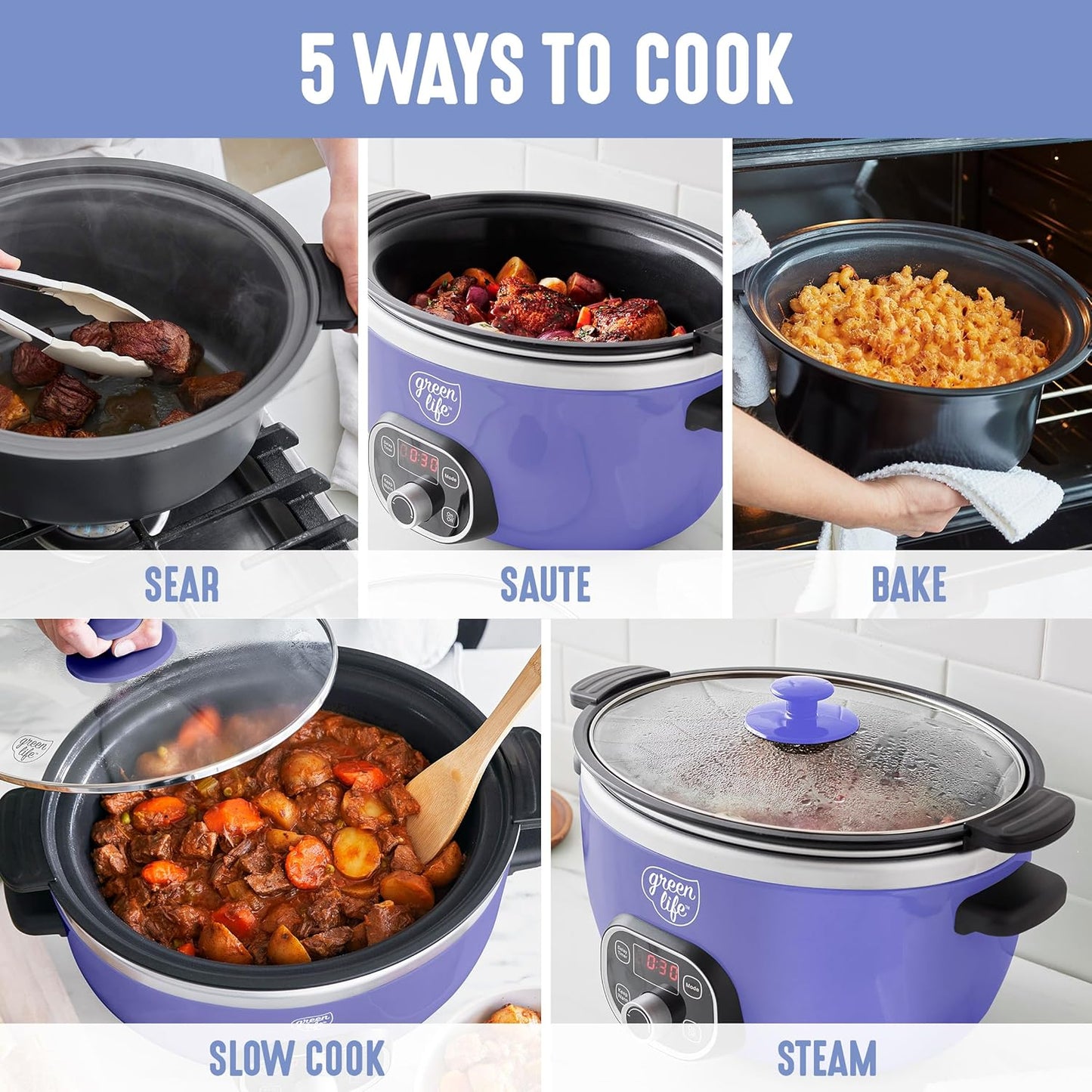 GreenLife 6 Quart Ceramic Slow Cooker, PFAS-Free, Programmable, Removable Healthy Nonstick Pot for Family Meals, Sear on Stovetop, Keep Warm, Digital Timer, Dishwasher Safe Glass Lid, Periwinkle