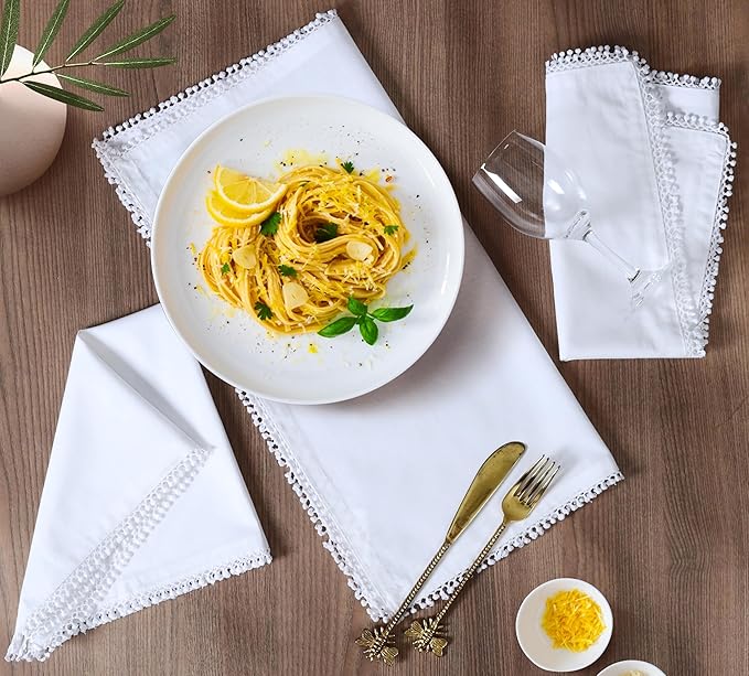 Bedding Craft Cotton Cloth Dinner Napkins Set of 12 – 18x18 Smart White with Decorative Lace Selvedge – Elegant Machine Washable Fabric Napkins for Weddings, Parties, Baby Showers & Table Décor