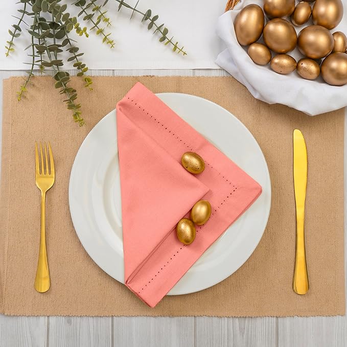 Blue Needles Set of 12 Hemstitch Linen Napkins 100% Cotton Salmon Cloth Dinner Napkins 18x18 inches, Soft, Reusable, Absorbent, Washable, Ideal for Fall Thanksgiving Events, Parties & Everyday Use