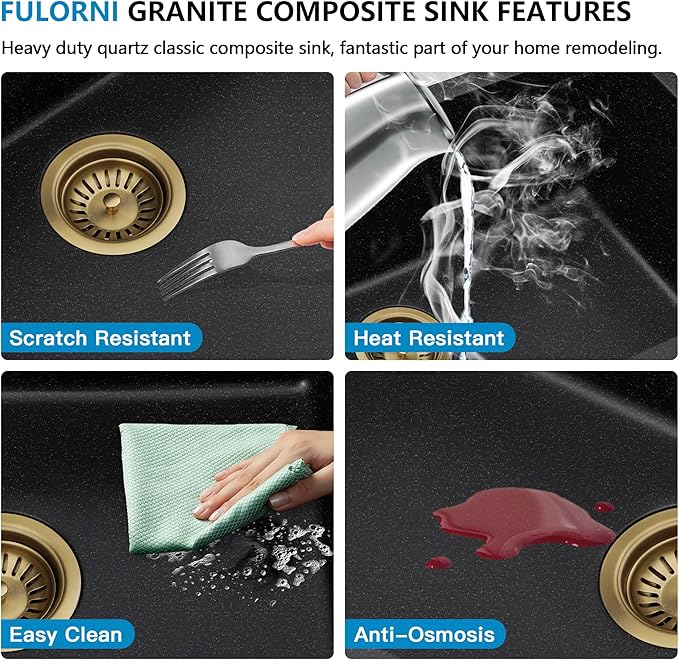 21 Undermount Bar Sink Workstation - Fulorni 21"x18" Undermount Wet Bar Sink Matte Black Granite Composite Quartz Classic Single Bowl Under Counter Small Kitchen Bar Prep RV Sink Basin