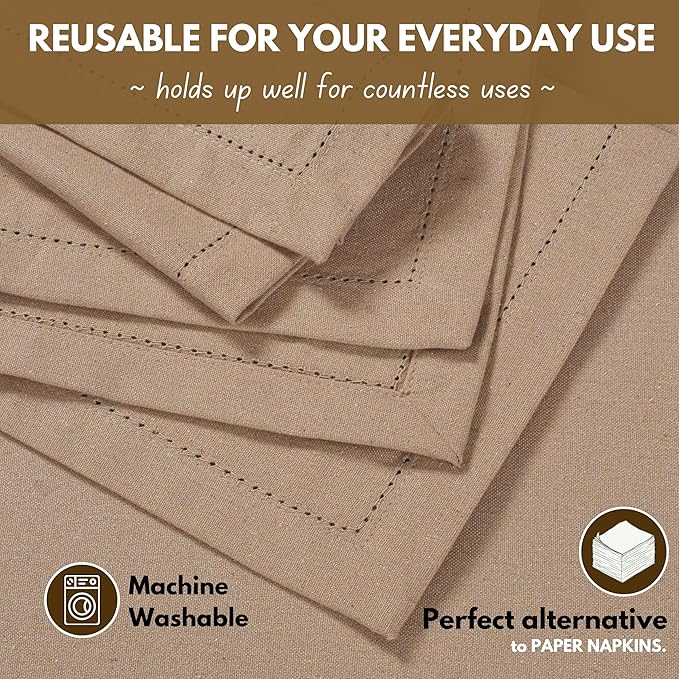 Native Fab Cotton Cloth Napkins, 18 x 18 inch, Set of 12, Hemstitch Tailored Corners, Soft, Absorbent, Washable Fabric, Table Napkins for Fall, Thanksgiving, Holiday, Dinner, and Everyday Use - Beige
