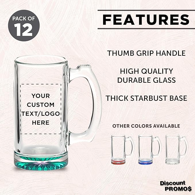 12 Libbey Beer Mugs Set, 12 oz. - Customizable Text, Logo - Groomsmen Glassware - Green