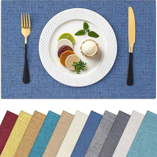 Homaxy Cloths Placemats for Dining Table Set of 12, Heat Resistant Washable Cotton Linen Blend Table Mats, Easy to Clean Place Mats for Indoor Outdoor Party Kitchen Decoration, 13" x 19", Blue