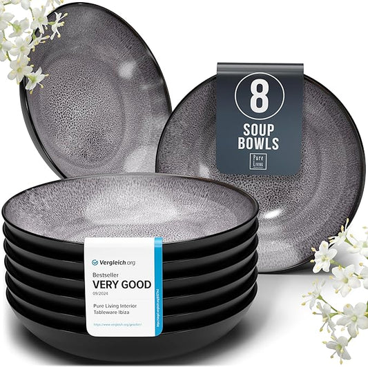 Stoneware Pasta Bowls Set of 8, Stylish dark gray Plates Ceramic, 7.7" Salad Bowl Set, Dishwasher and Microwave Safe Ceramic Bowl Plates, Salad Bowls, Large Soup Bowls…