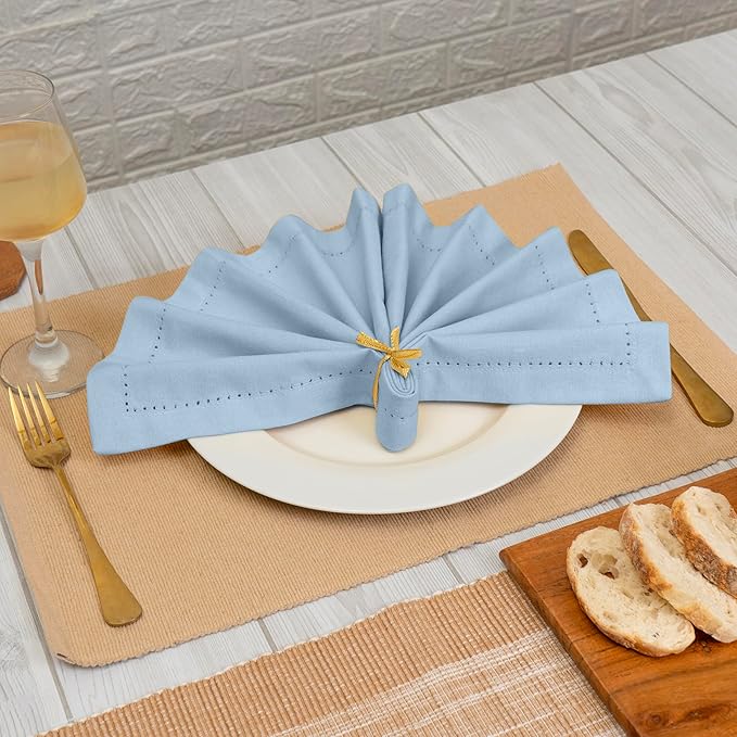 Blue Needles Set of 6 Hemstitch Linen Napkins 100% Cotton Ice Blue Cloth Dinner Napkins 18x18 inches, Soft, Reusable, Absorbent, Washable, Ideal for Fall Thanksgiving Events, Parties & Everyday Use