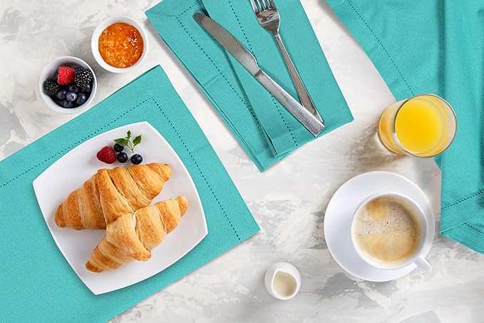 Bedding Craft Cotton Cloth Dinner Napkins Set of 12 – 18x18 Latigo Bay Teal with Hemstitched Mitered Corners – Machine Washable Reusable Napkins for Weddings, Parties & Daily Use