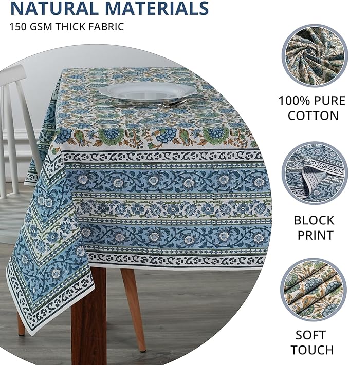 Ridhi Asparagus Green Hand Block Print Cotton Rectangle Tablecloth 160 x 72 inch-Reusable Table Cover Decorative Everyday Use for Dining Room, Farmhouse, Thanksgiving, Christmas Wedding, Fall