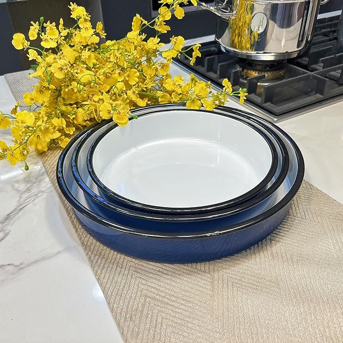 3-Pack Enamel Roasting & Baking Pan Set 10/12/14 Inch Round Deep Cake Pans for Turkey Pizza Casseroles Desserts Oven & Dishwasher Safe up to 932F Thanksgiving Holiday Gifts & Baking Dishes