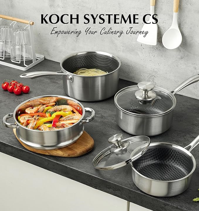 KOCH SYSTEME CS Hybrid Nonstick Stainless Steel Saucepan Set with Steamer Insert, 7PCS Triply Stainless Steel Pot Set 1Qt, 2Qt & 3Qt, 18/10 Steel Sauce Pan Set with Lids, Induction & Oven Safe