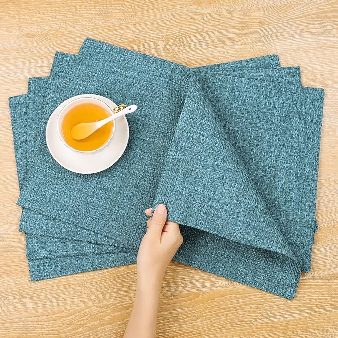 SHACOS Fabric Placemats Set of 4 Non Slip Machine Washable Heat Resistant Cloth Table Mats Soft Polyester Place Mats for Kitchen Dining Table, Dark Teal