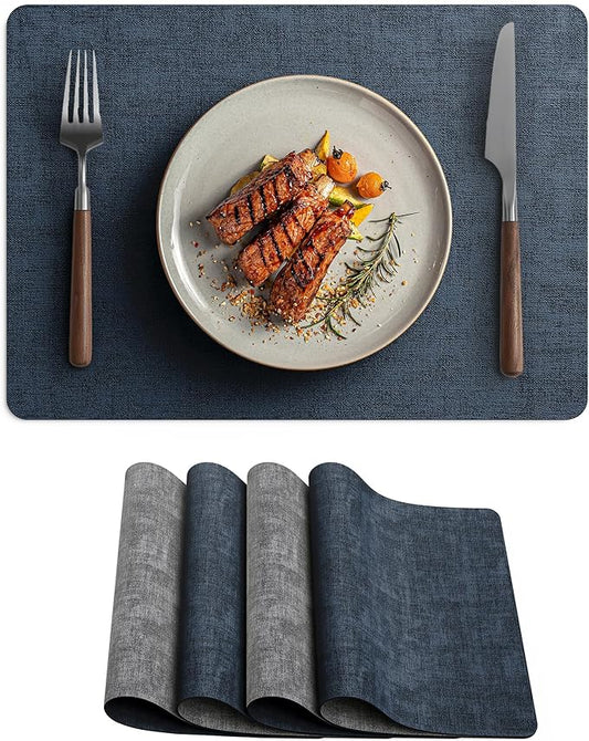 Faux Leather Vinyl Placemats Set of 4 Wipeable Heat Resistant Place Mats 100% Washable - Waterproof - Anti Slip Reversible Table Mats for Kitchen/Dining/Party, 12" x 16.5", Navy Blue & Dark Grey