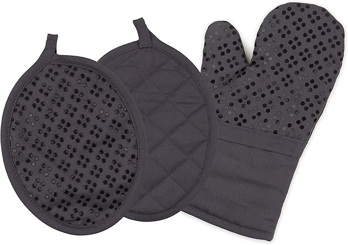 Sticky Toffee Oven Mitt and Pot Holder Set of 3 – Gray Non-Slip Kitchen Hot Pads and Mitts with Silicone Grip, 100% Cotton Shell, Oeko-Tex Cotton