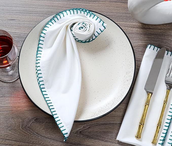 Bedding Craft Cotton Cloth Dinner Napkins Set of 12 –18x18 Funfare Multi-Color Fabric Napkins with Blanket Stitch Selvedge – Washable Wedding Napkins for Parties, Restaurants, Dining & Table Settings