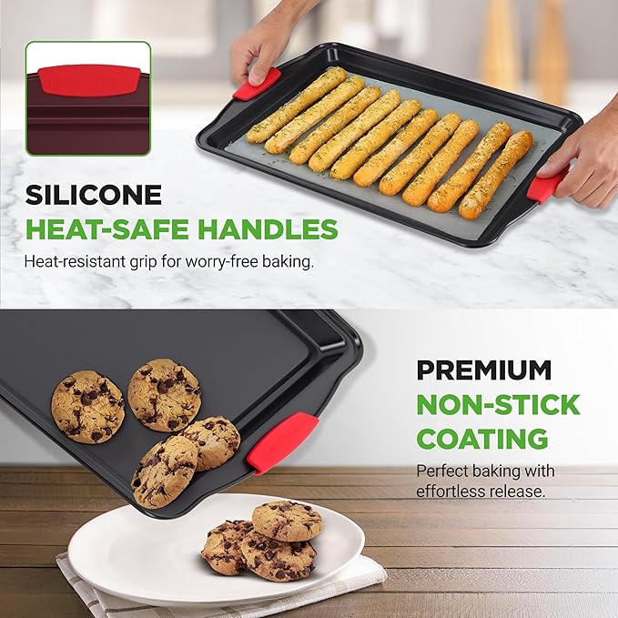 NutriChef 3-Piece Large Nonstick Cookie Sheets for Baking | Premium Food-Grade Carbon Steel, Non-Stick Tray Set with Silicone Handles, Oven Safe up to 446°F | Easy to Clean, 17.2 x 11.8 x 0.7 Inch