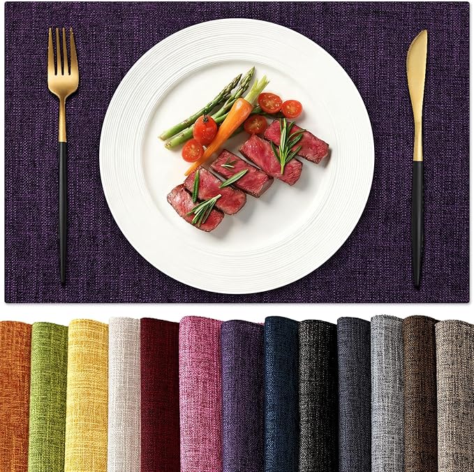 KXN Placemats Set of 8, Dual-Layer Thickened Faux Linen Table Mats, Heat Resistant & Wrinkle-Free, Machine Washable Cloth Place Mats for Kitchen Dining Indoor Outdoor (Purple)