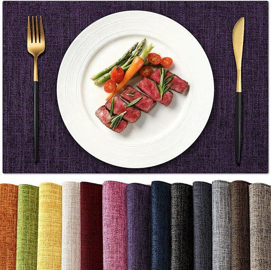 KXN Placemats Set of 8, Dual-Layer Thickened Faux Linen Table Mats, Heat Resistant & Wrinkle-Free, Machine Washable Cloth Place Mats for Kitchen Dining Indoor Outdoor (Purple)
