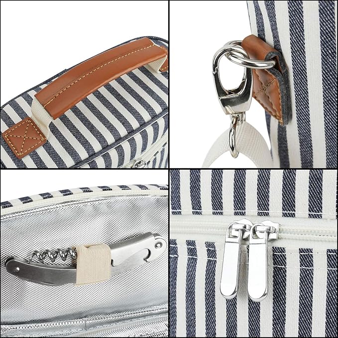 ZORMY 2 Bottle Wine Tote Carrier, Dark Blue, 750 mL Capacity, Polyester Material, With Shoulder Strap and Corkscrew