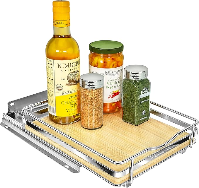 LYNK PROFESSIONAL® Élite™ Pull Out Spice Rack Organizer for Inside Kitchen Cabinets - 8-3/8 inch Wide - Slide Out Drawer – Wood/Chrome Sliding Spice Cabinet Organization Shelf Racks - 1 Tier