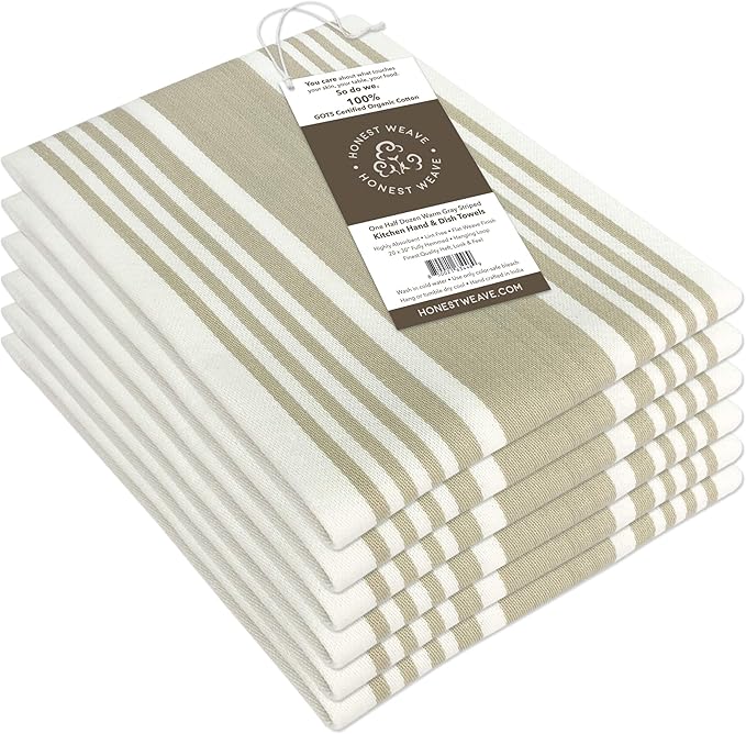 GOTS Certified Organic Cotton Kitchen Hand and Dish Towel Sets - Oversized 20x30 inches, Fully Hemmed, in Designer Colors, 6-Pack, Warm Gray/Taupe Stripe