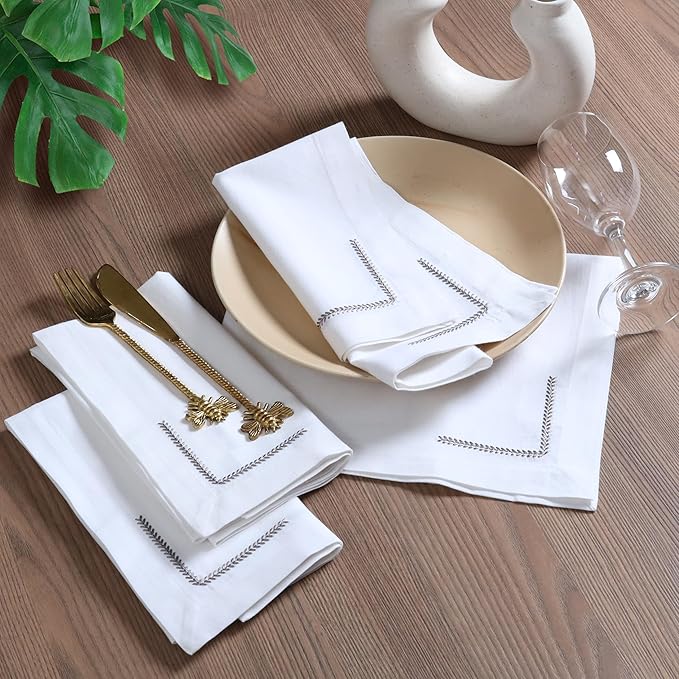 Bedding Craft Cotton Cloth Dinner Napkins Set of 12 – 18x18 with Decorative Embroidery & Selvedge – Machine Washable Fabric Napkins for Weddings, Baby Showers, Christmas & Easter