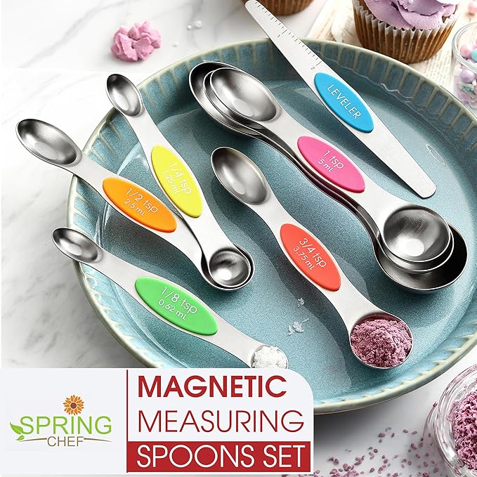 Spring Chef Stainless Steel Magnetic Measuring Spoons Set of 8 with Leveler, Nesting Metal Teaspoon & Tablespoon Measuring Spoons, Kitchen Gadgets for Baking & Cooking, Fits in Most Spice Jars - Neon