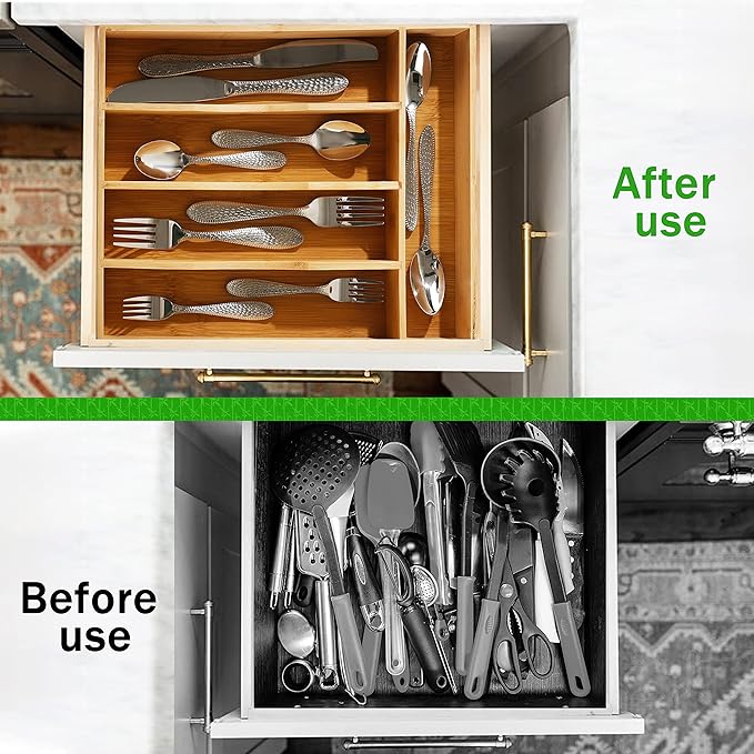 Greenual Silverware Organizer 10 In Utensil Organizer Silverware Tray for Drawer Cutlery Flatware Organizer for Kitchen Bamboo Wood