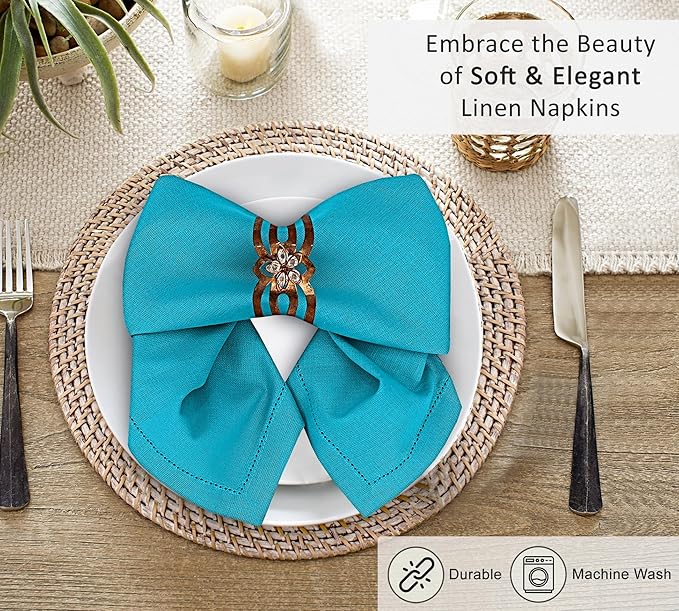 Ruvanti Premium Linen Napkins Set of 6-20x20 Inch, Classic Hemstitch, Mitered Corner Cloth Napkins ‎‎- Soft, Elegant Dinner Napkins Cloth Washable for Weddings, Parties, Everyday Use - Blue