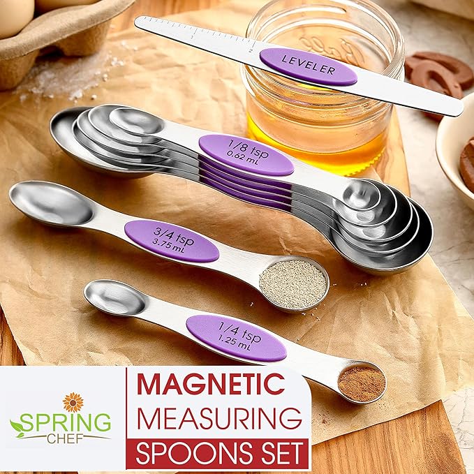 Spring Chef Magnetic Measuring Spoons Set, Dual Sided, Stainless Steel, Fits in Spice Jars, Orchid, Set of 8, 2 Pack