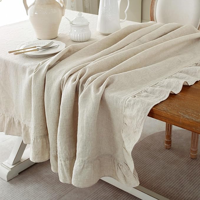 Linen World Ruffle Linen Tablecloth, 100% French Linen Natural Tablecloth 132" x 90" Inch, Washable Rectangular Tablecloth for Dining, Outdoor, Weddings and Restaurants, Decorative Valentine Easter