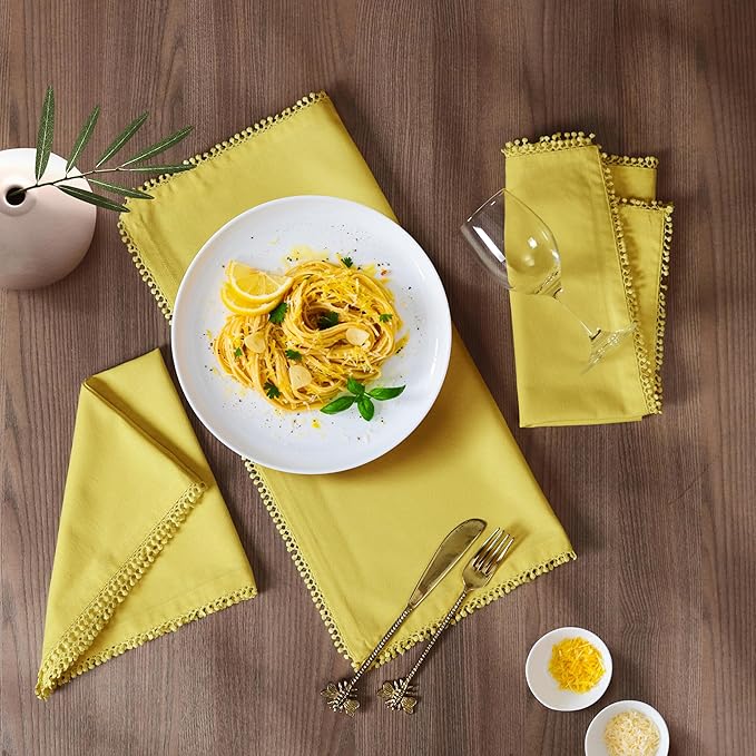 Bedding Craft Cotton Cloth Dinner Napkins Set of 12 – 18x18 Yellow with Decorative Lace Selvedge – Durable Machine Washable Fabric Napkins for Weddings, Baby Showers, Parties & Dining