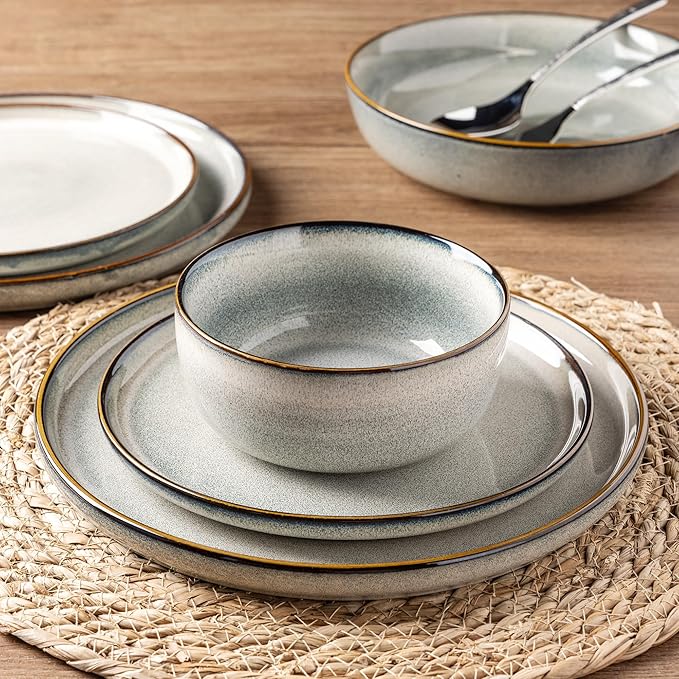 GBHOME 24 Pieces Double Bowls Ceramic Dinnerware Sets for 6, Stoneware Plates and Bowls Set with Reactive Glaze, Scratch Resistant Stoneware Dishes Set, Dishwasher & Microwave Safe