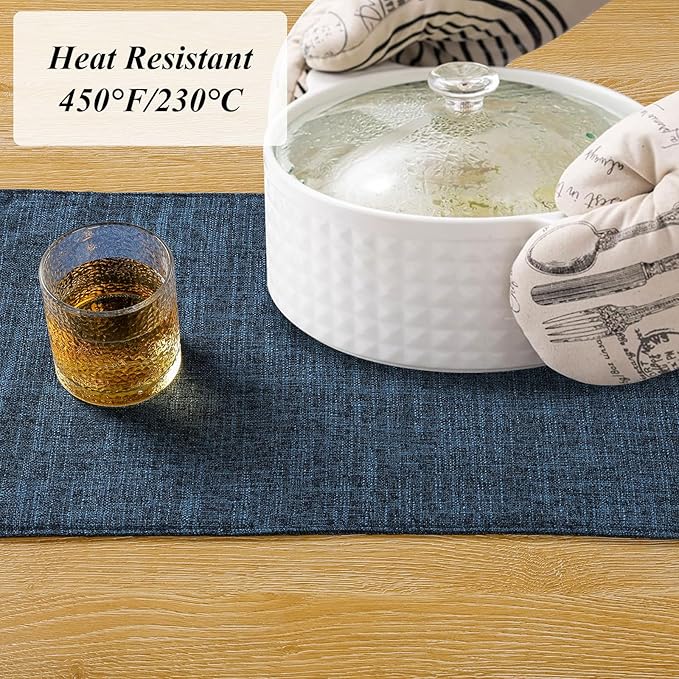 SHACOS Cloth Fabric Placemats Set of 4 Washable Non Slip Heat Resistant Table Mats Double Layer Reversible Place Mats Stain Resistant Indoor Outdoor, Dark Blue